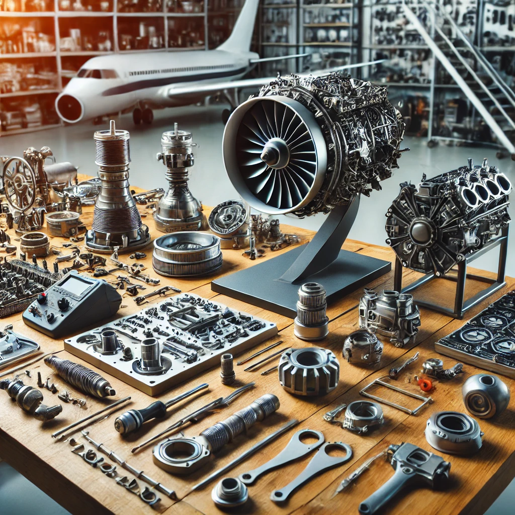 DALL·E 2025 02 12 16.16.16 A high quality digital image of various aircraft spare parts and accessories arranged neatly on a table. The image includes engine components avionic