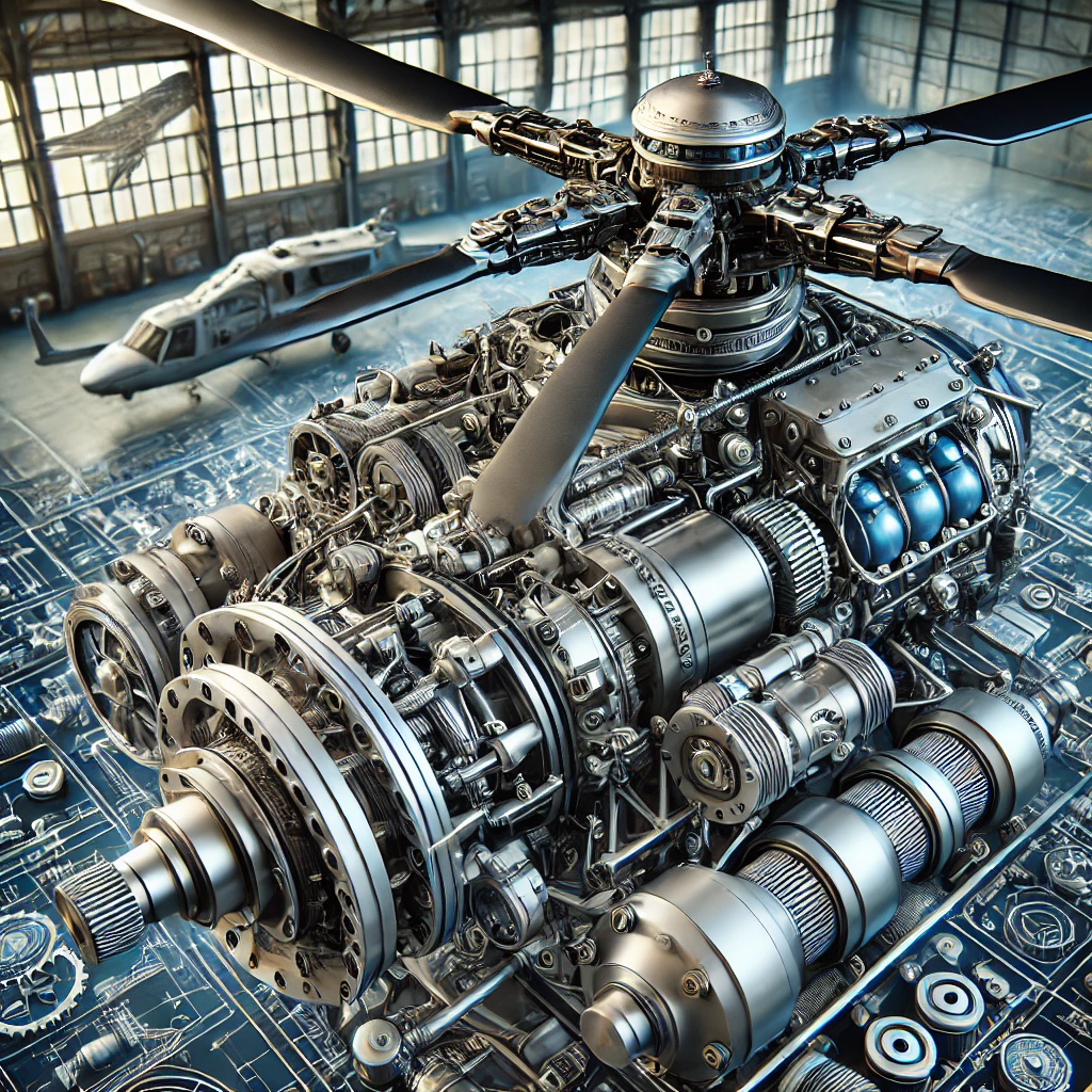 DALL·E 2025 02 05 16.36.28 A highly detailed close up of helicopter components including the main rotor assembly gearbox hydraulic systems and avionics. The image showcases 