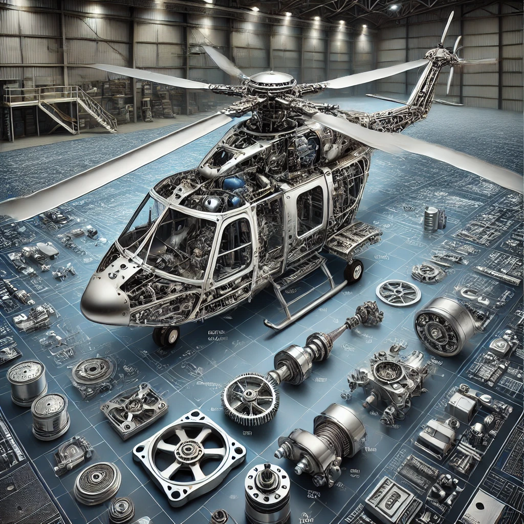 DALL·E 2025 02 05 16.37.18 A detailed technical illustration of helicopter components featuring the main rotor tail rotor engine gearbox avionics and hydraulic systems. Th
